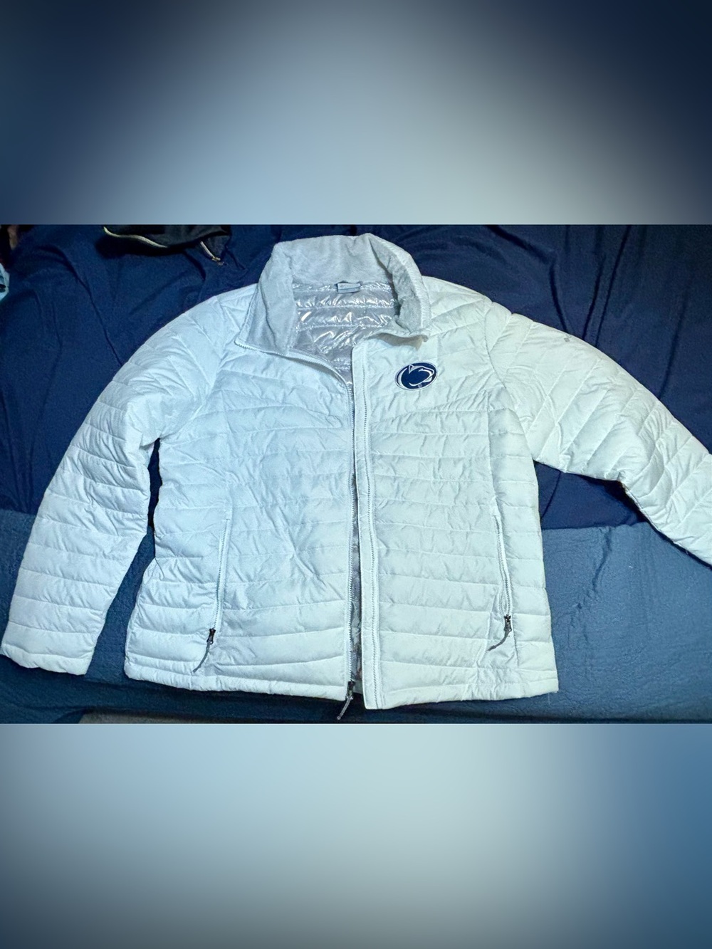 Columbia women’s White Puffer Jacket with Blue Penn State Patch